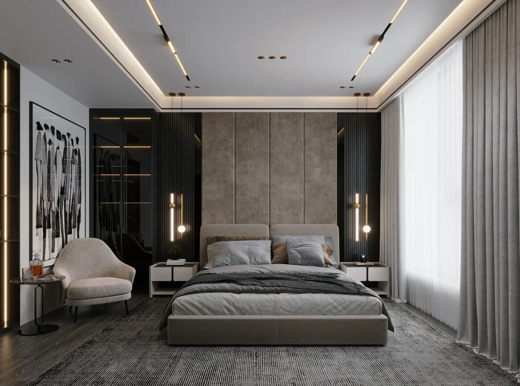Modern home interior with layered lighting, statement fixtures, and smart controls, enhancing ambiance and functionality.
